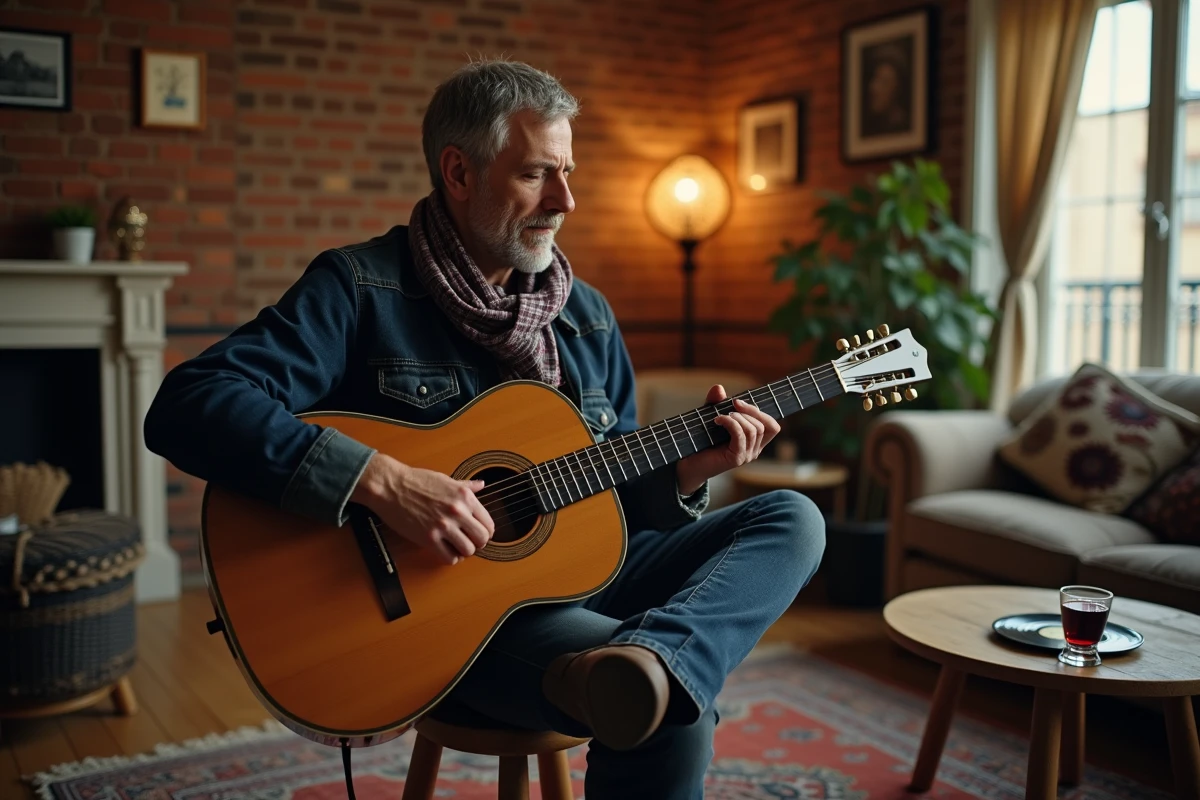 Homme jouant de la guitare acoustique dans un salon parisien chaleureux, ambiance Renaud, vinyles et écharpe plaid