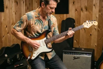 Guitariste jouant du surf rock sur une Stratocaster sunburst avec micros Samarium Cobalt Noiseless dans un studio de répétition vintage
