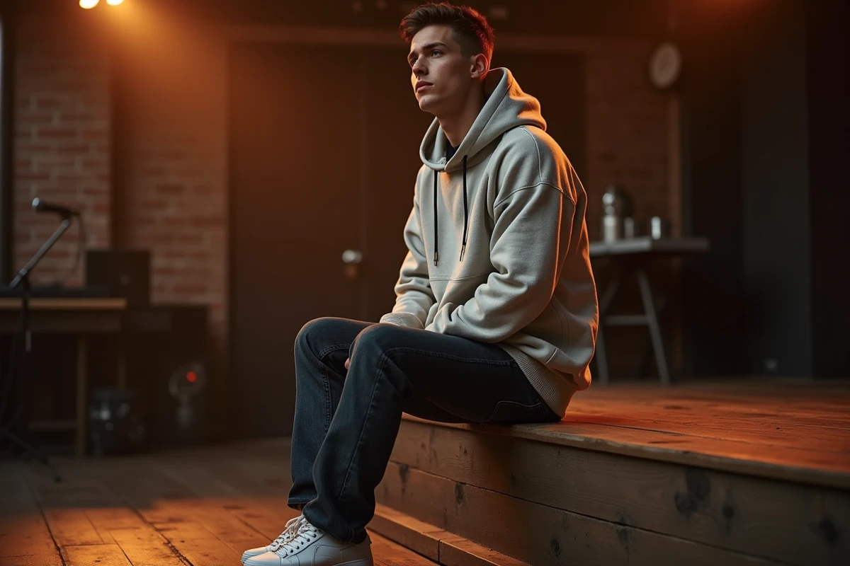 Artiste rap assis sur le bord d'une scène de concert en hoodie oversize, illustrant sa silhouette grande et athlétique
