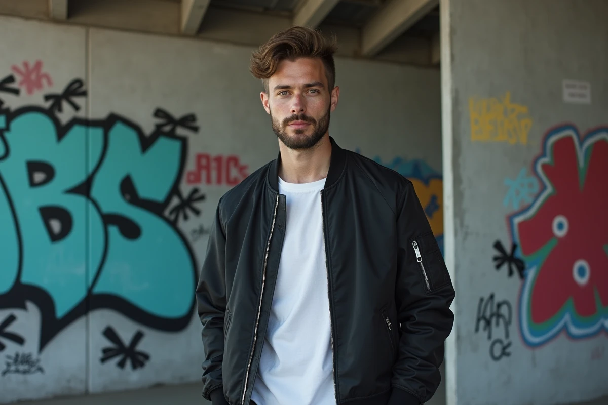 Chanteur rap français grand et athlétique en veste bomber sombre devant un mur de graffitis urbains