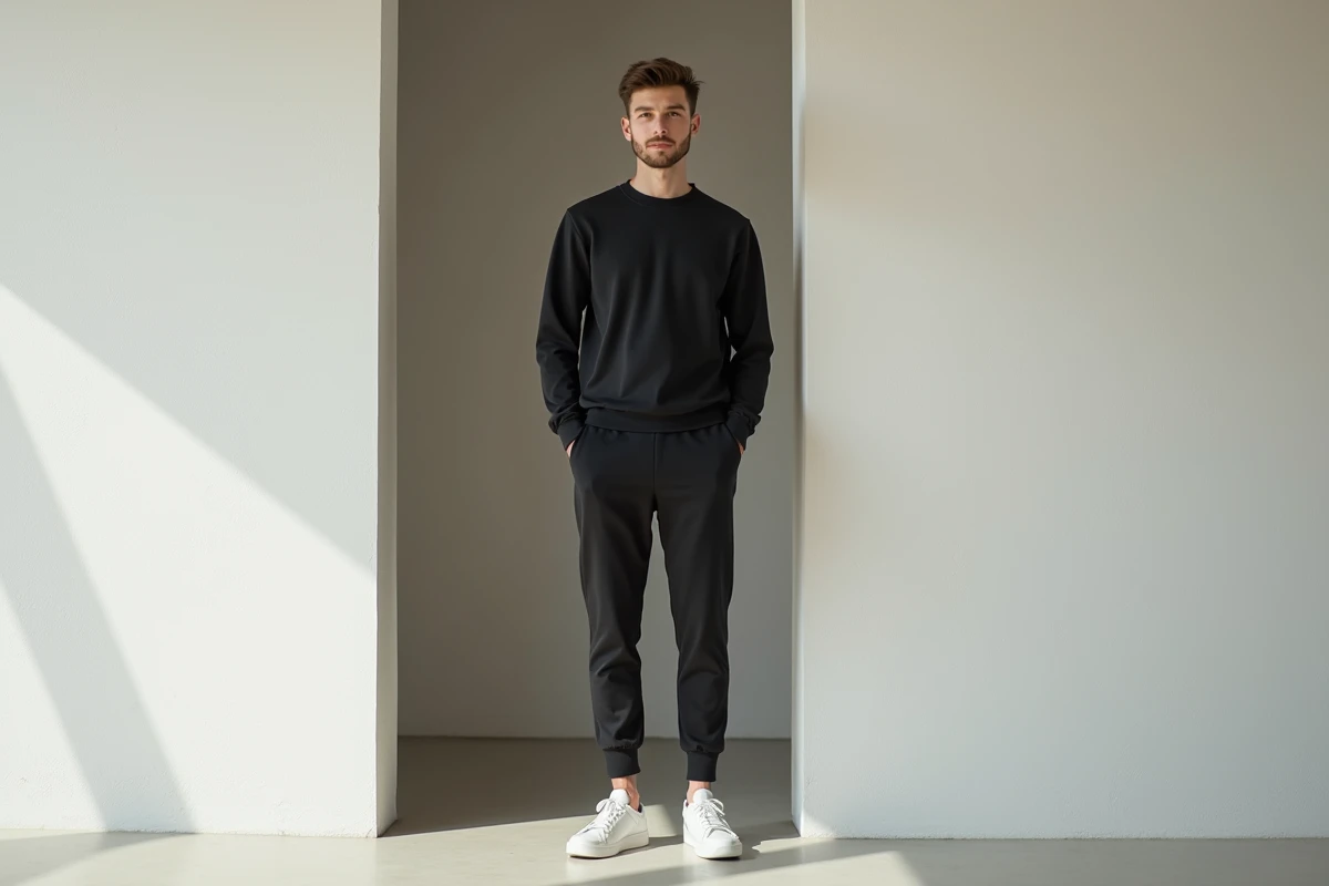 Portrait en pied d'un homme grand mesurant sa taille debout près d'un encadrement de porte dans un studio minimaliste