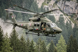 Hélicoptère militaire Caracal de l'armée française en opération de secours en montagne au-dessus d'une forêt alpine