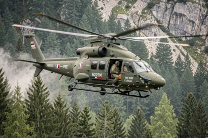 Hélicoptère militaire Caracal de l'armée française en opération de secours en montagne au-dessus d'une forêt alpine