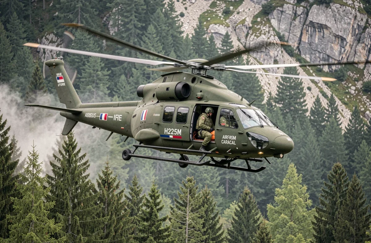 Hélicoptère militaire Caracal de l'armée française en opération de secours en montagne au-dessus d'une forêt alpine