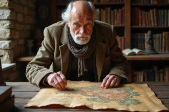 Historien âgé examinant une vieille carte dans un musée