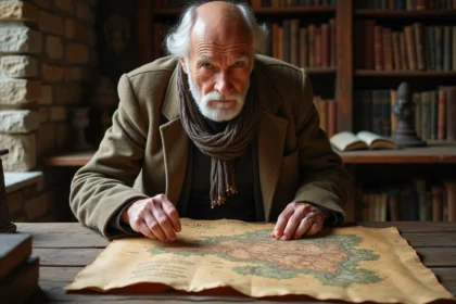 Historien âgé examinant une vieille carte dans un musée