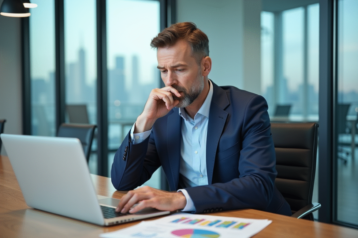Homme d'affaires en costume bleu analysant des graphiques