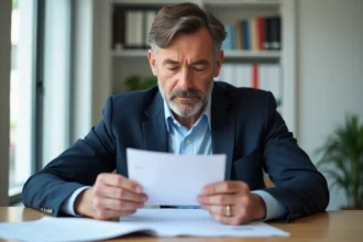 Homme d'affaires français examine des documents officiels