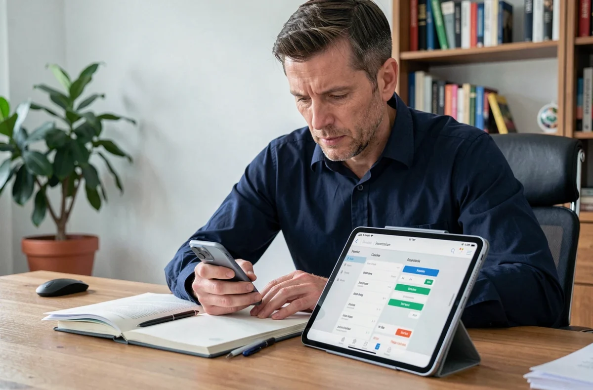 Homme consultant une application de suivi de dépenses téléphoniques sur une tablette dans un bureau à domicile