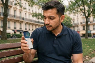 Homme consultant une application d'heure de prière sur smartphone dans un parc du 19ème arrondissement de Paris