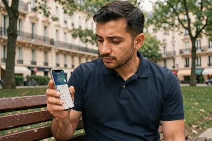Homme consultant une application d'heure de prière sur smartphone dans un parc du 19ème arrondissement de Paris