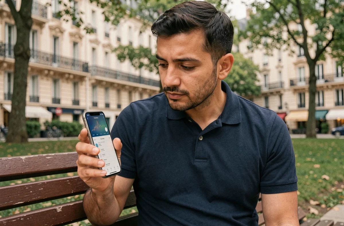 Homme consultant une application d'heure de prière sur smartphone dans un parc du 19ème arrondissement de Paris