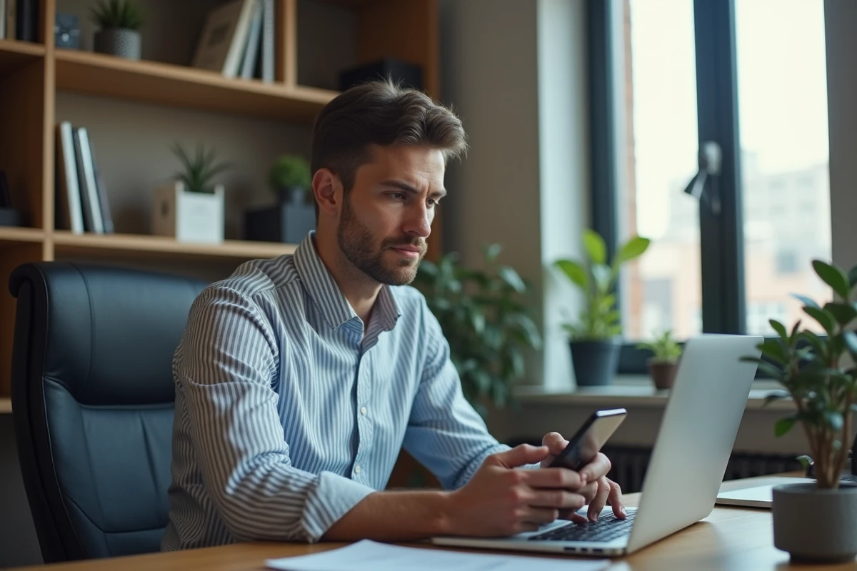 Homme au bureau regardant son ordinateur portable
