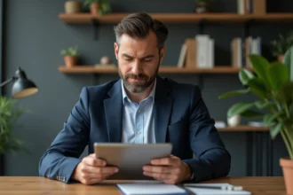 Homme professionnel utilisant une tablette dans un bureau moderne