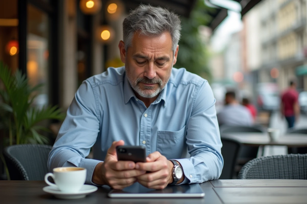 Homme au café vérifiant son smartphone en milieu urbain