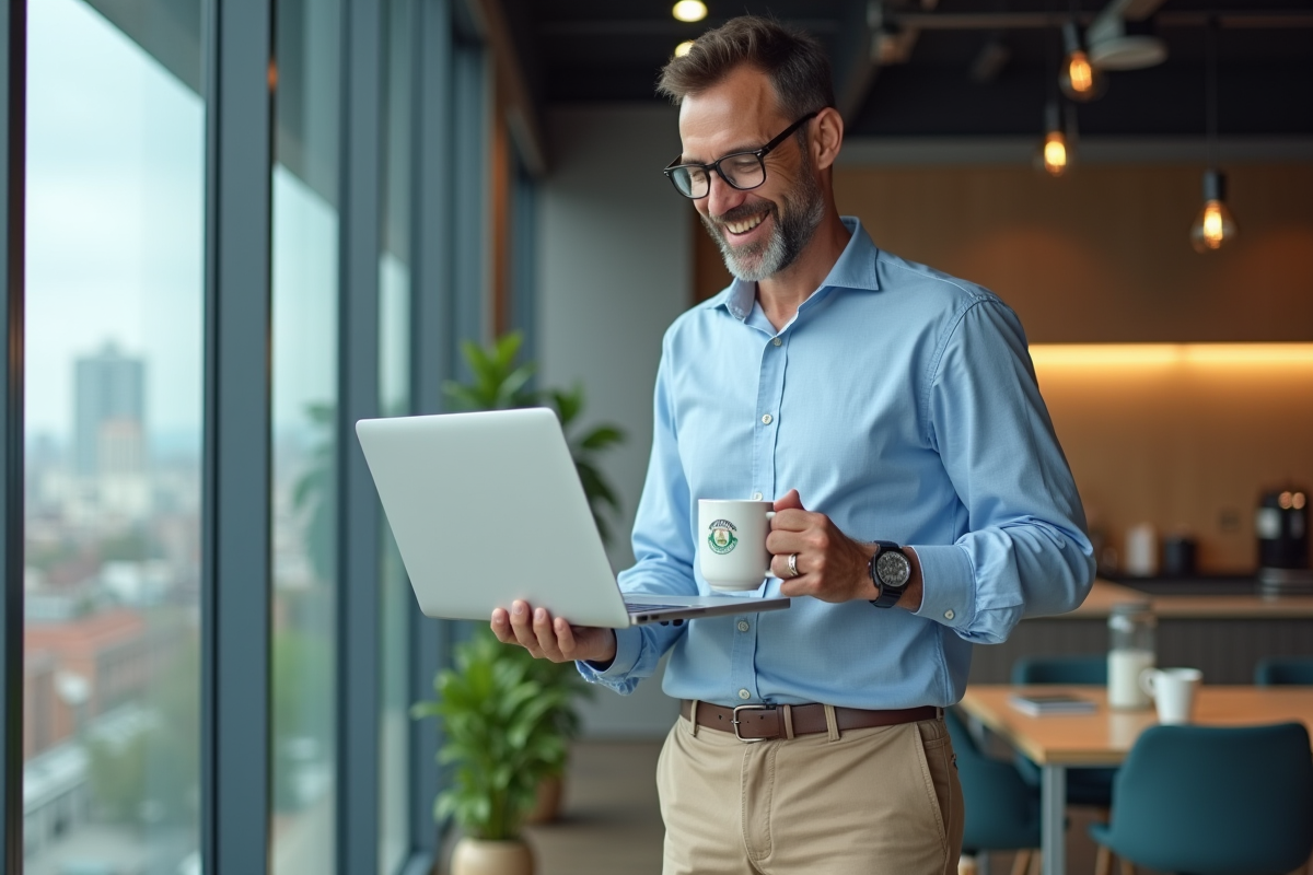 Homme souriant dans une salle de pause moderne