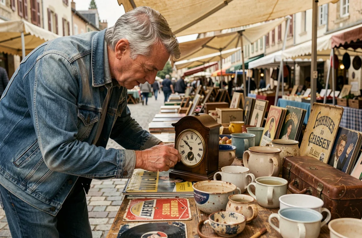Homme examinant des objets anciens sur un étal de vide grenier dans le 49