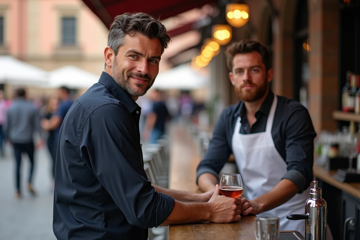 Homme commandant une boisson à un bar en plein air sur la Place du Capitole à Toulouse