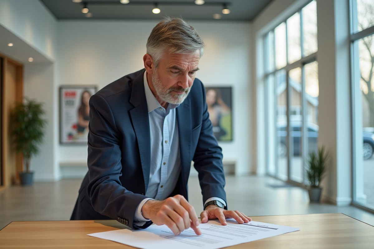 Homme d affaires pointant un contrat dans un local vide