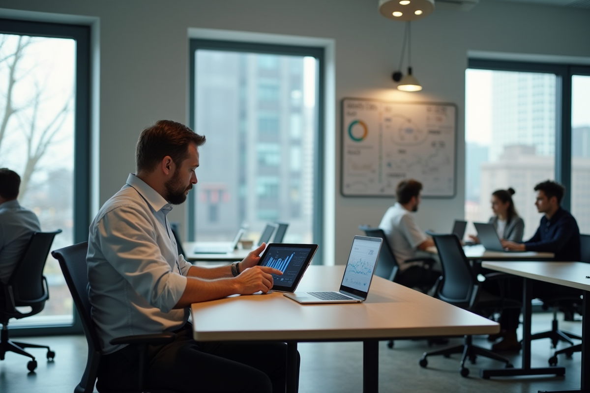 Homme en coworking analysant des graphiques sur tablette