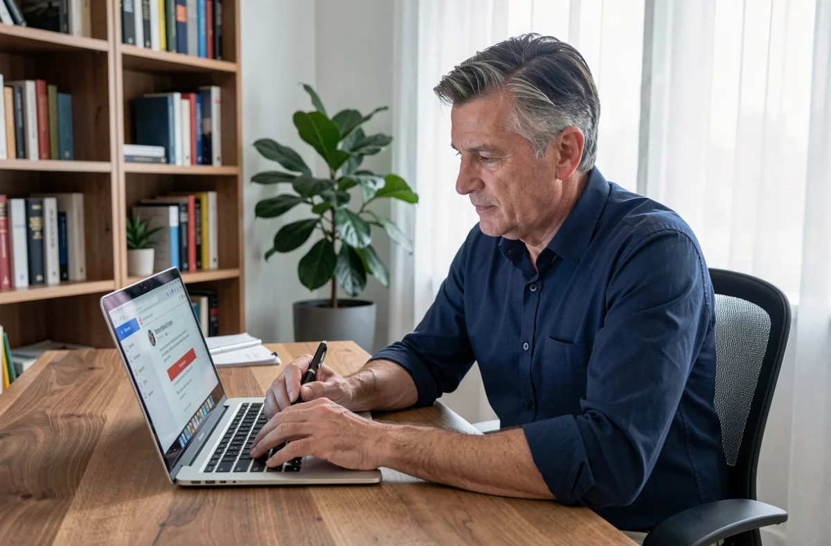 Homme consultant un email de numéro de suivi DPD sur un ordinateur portable dans un bureau à domicile