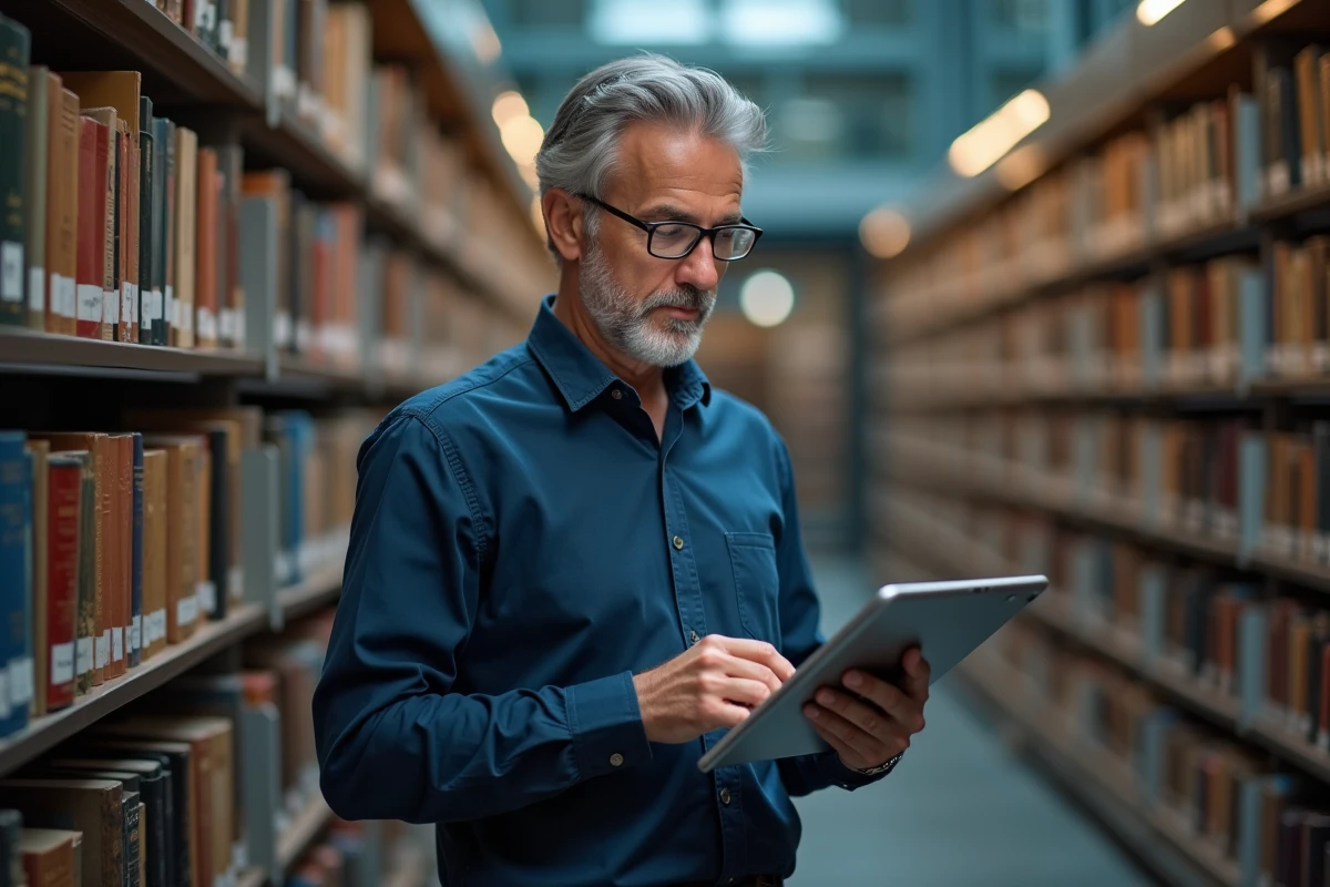 Homme consultant une encyclopédie collaborative sur tablette dans une bibliothèque publique moderne