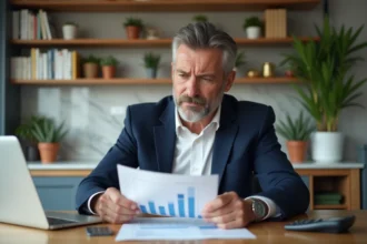 Homme d'âge moyen examinant des documents financiers à la maison
