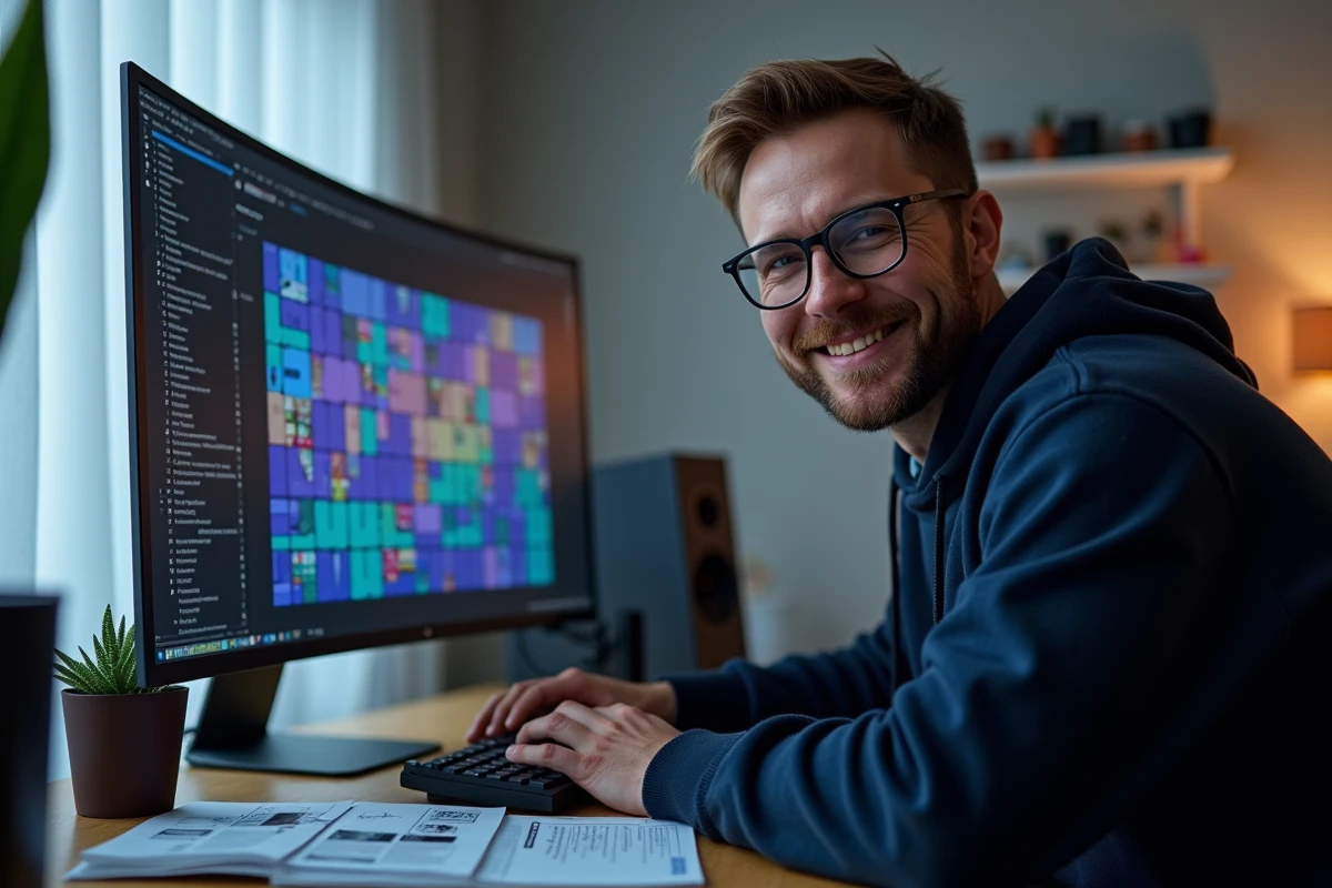Homme utilisant un logiciel de création de pixel art sur ordinateur dans un bureau minimaliste