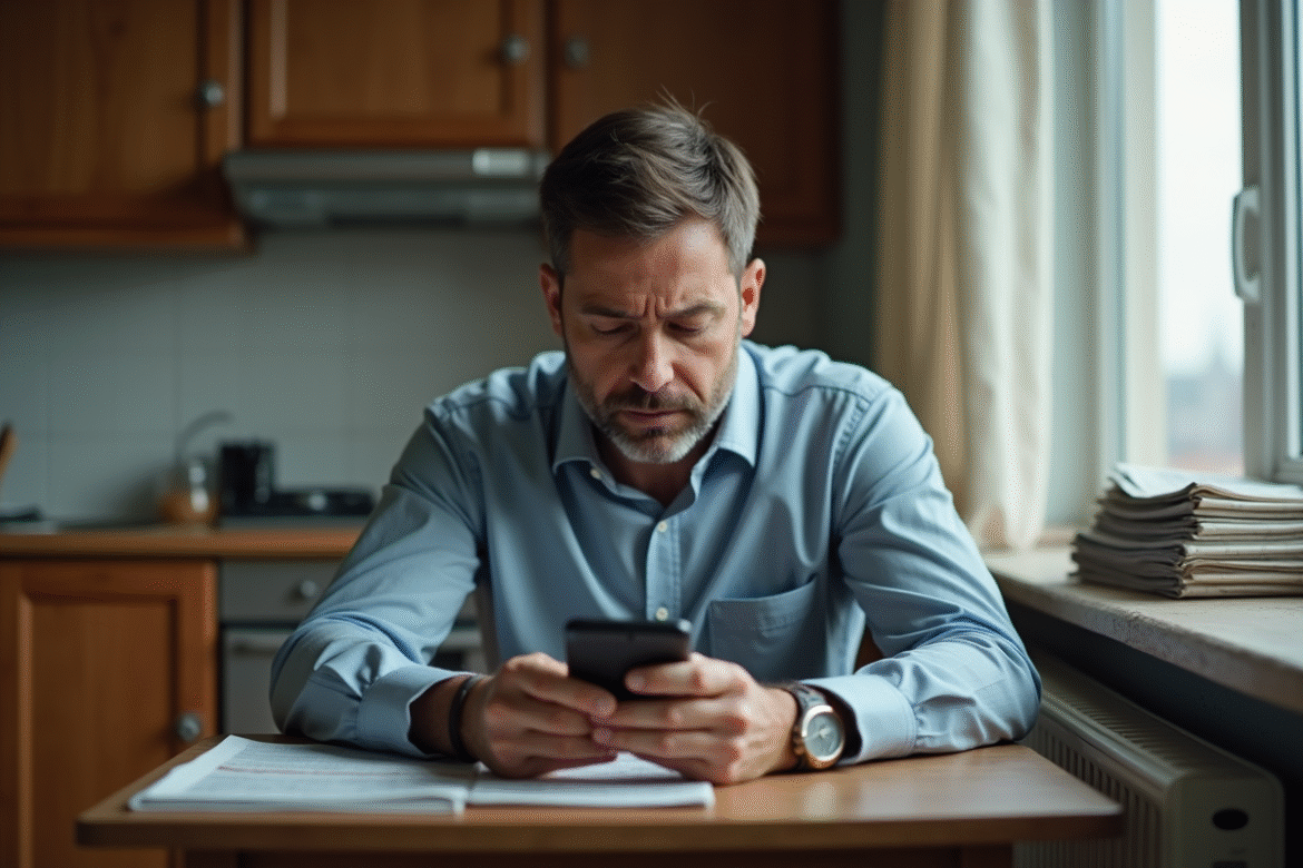 Homme d'âge moyen seul à la cuisine en train de regarder son smartphone