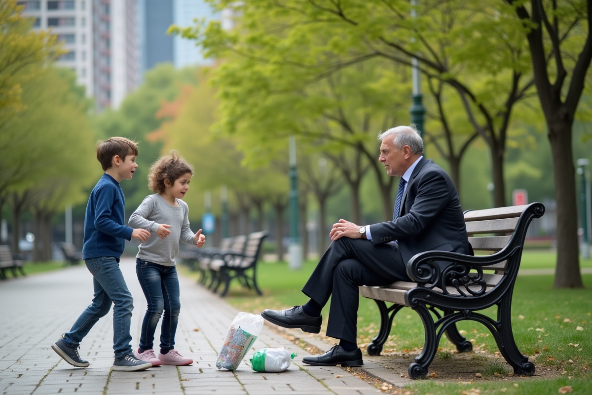 Homme en ville agacé par des enfants bruyants