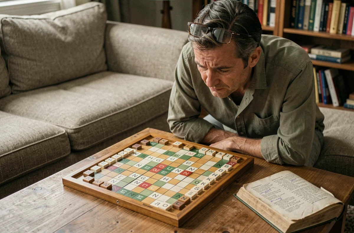 Homme concentré sur un plateau de Scrabble avec un dictionnaire ouvert et des mots rares notés au crayon