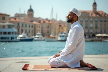 Homme musulman en priere au Vieux Port de Marseille