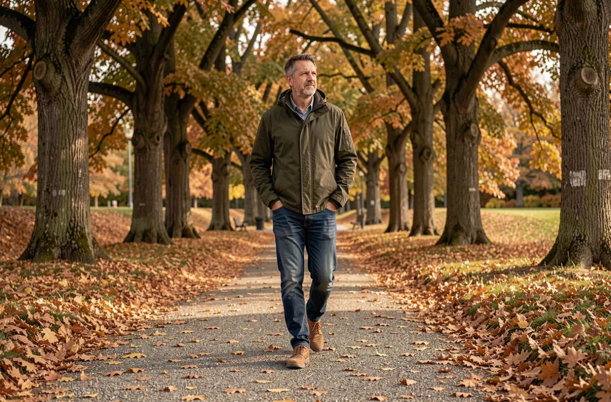 Homme se promenant seul dans un parc en automne profitant d'un moment de calme en plein air