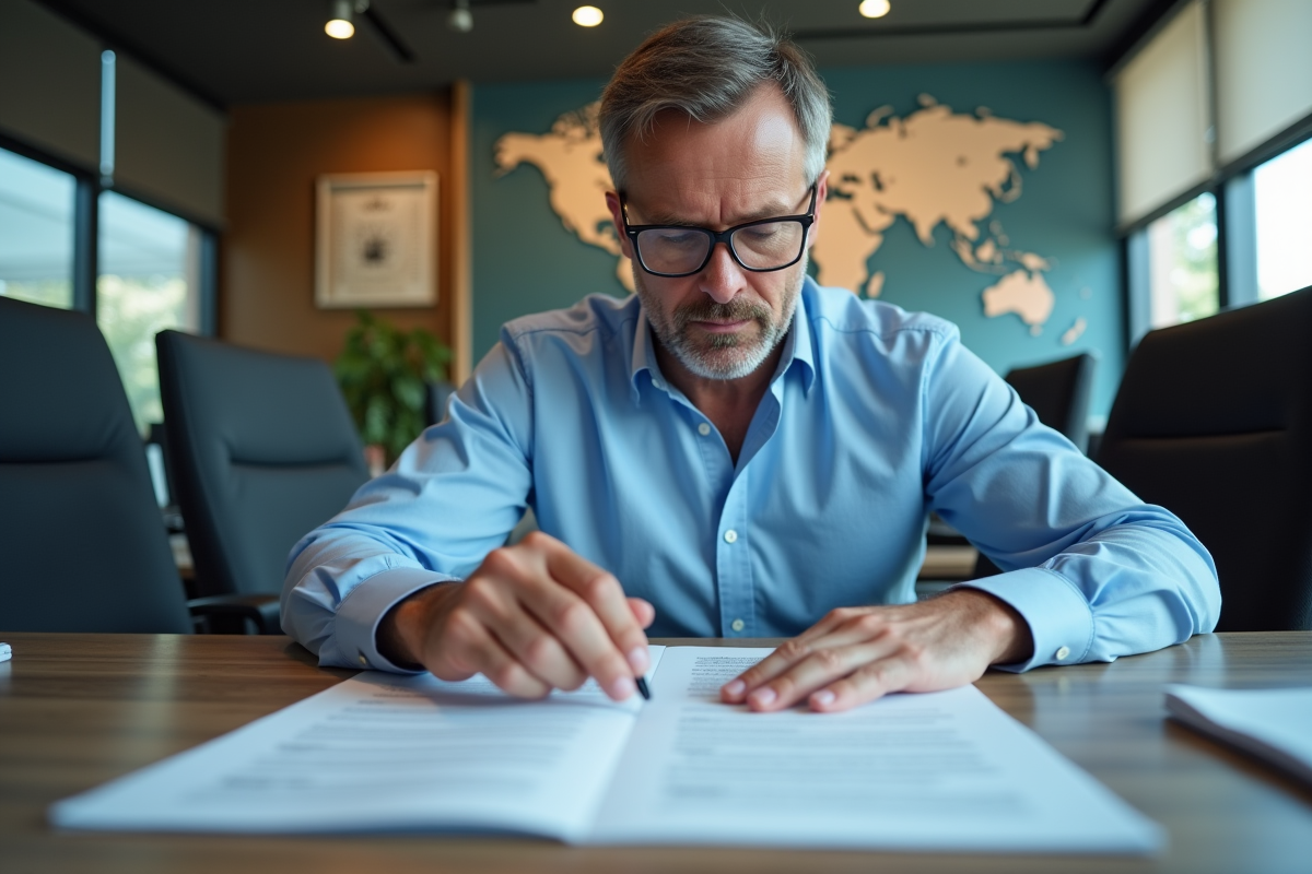 Homme en réunion de traduction avec documents bilingues sur la table