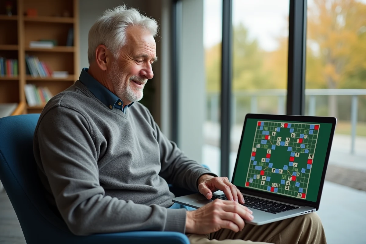 Homme senior jouant au Scrabble sur un ordinateur portable dans un lounge
