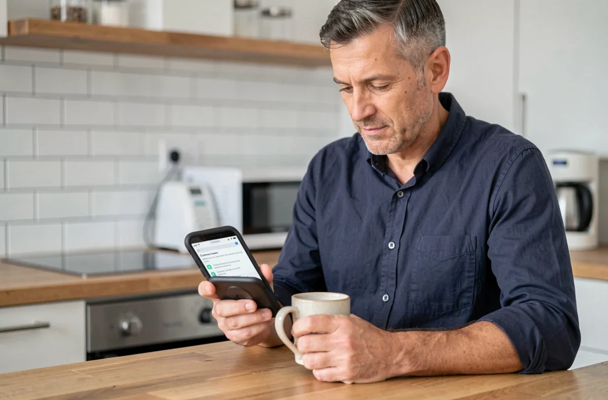 Homme utilisant son smartphone pour accéder au service d'aide le Bon Coin depuis sa cuisine