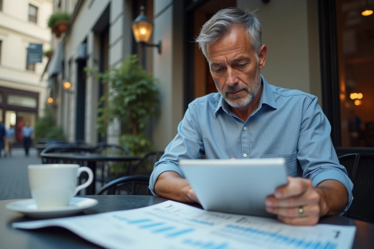 Homme utilise une tablette dans un café en ville
