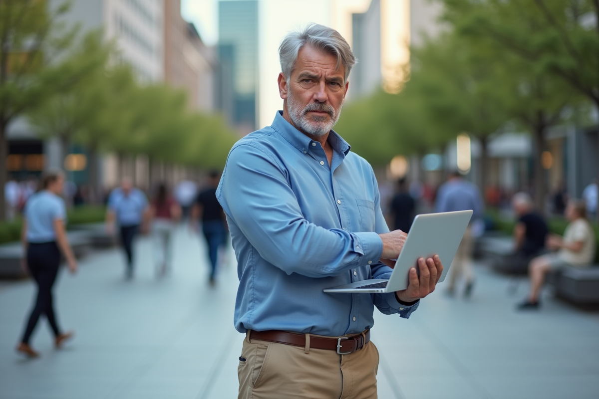 Homme inquiet dans une place urbaine animée