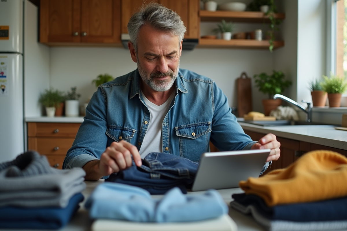 Homme vérifiant sa garde-robe dans une cuisine lumineuse
