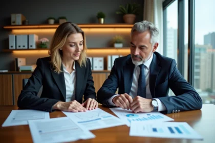 Homme et femme d'affaires examinant des documents financiers