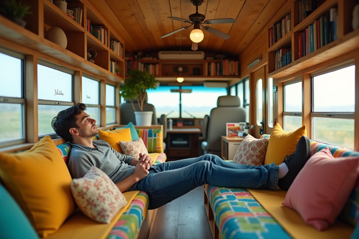 Jeune homme relaxe dans un bus aménagé en maison mobile