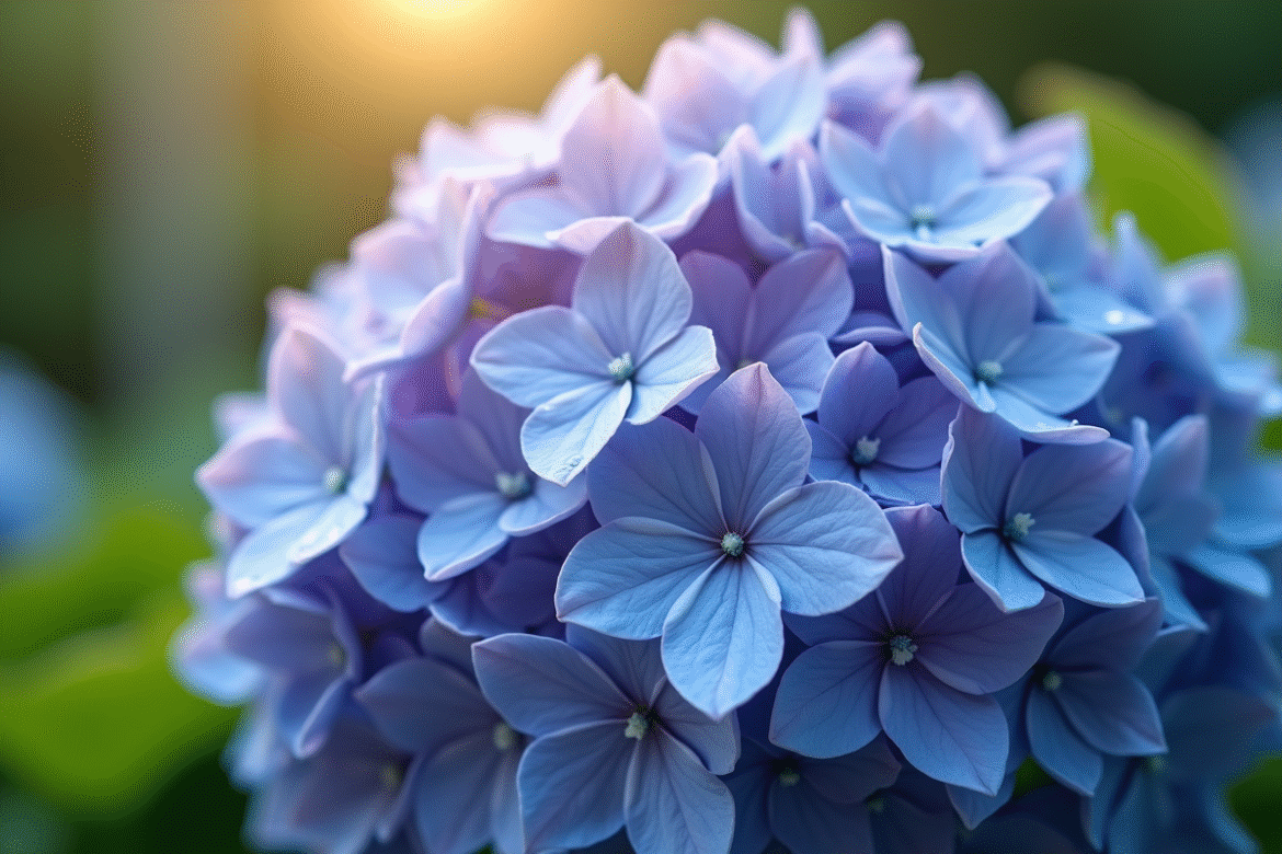 Gros plan de fleurs d'hydrangea aux couleurs vibrantes sous lumière naturelle