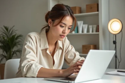 Jeune influenceuse assise à son bureau minimaliste consultant son smartphone dans un espace de travail dédié aux réseaux sociaux
