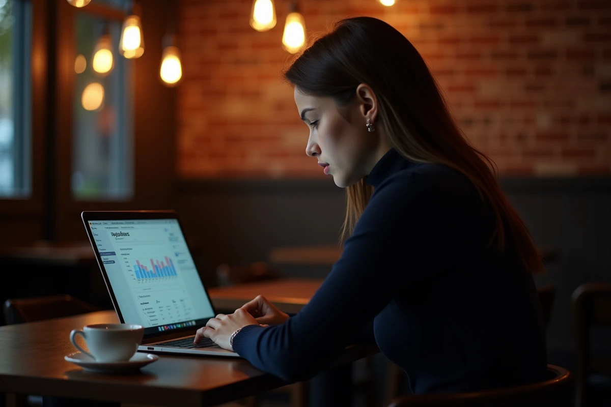 Influenceuse seule dans un café analysant ses statistiques sur ordinateur portable avec une expression de fatigue concentrée
