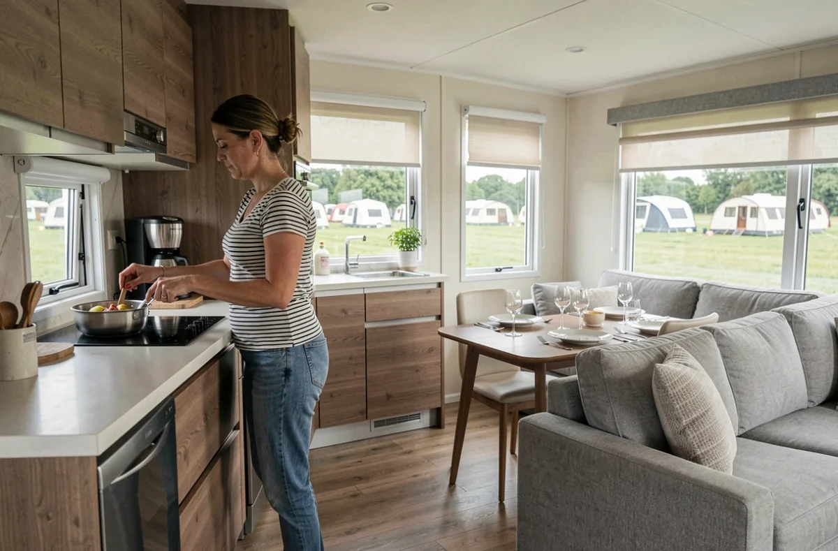 Intérieur moderne d'un mobil-home haut de gamme avec cuisine équipée et espace de vie lumineux