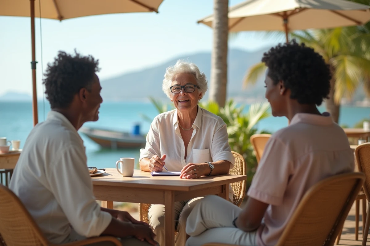Femme journaliste interviewant au bord de mer à Mutsamudu