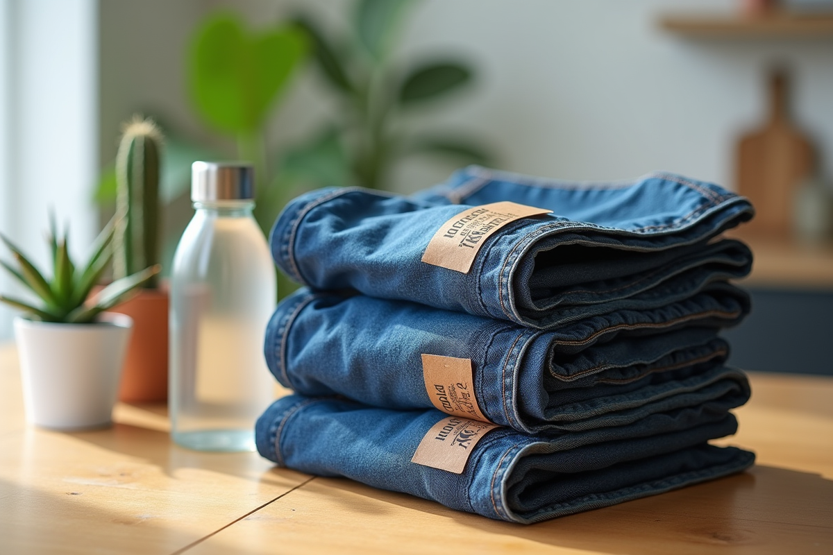 Pile de jeans en coton recyclé avec étiquettes bio sur une table en bois
