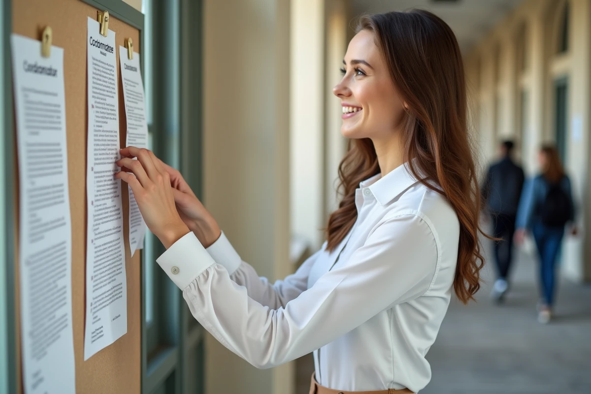 Jeune femme pinçant des notices sur un tableau d