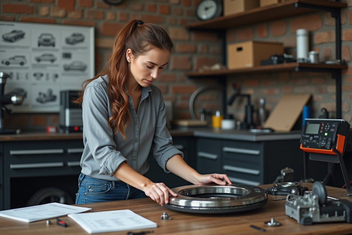 Jeune femme ajuste un volant moteur neuf sur un établi dans l