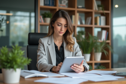 Jeune femme professionnelle utilisant une tablette dans un bureau moderne